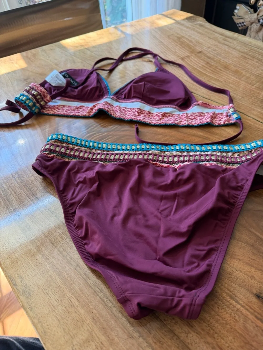 La Blanca Burgundy Bikini with Turquoise and Gold Trim